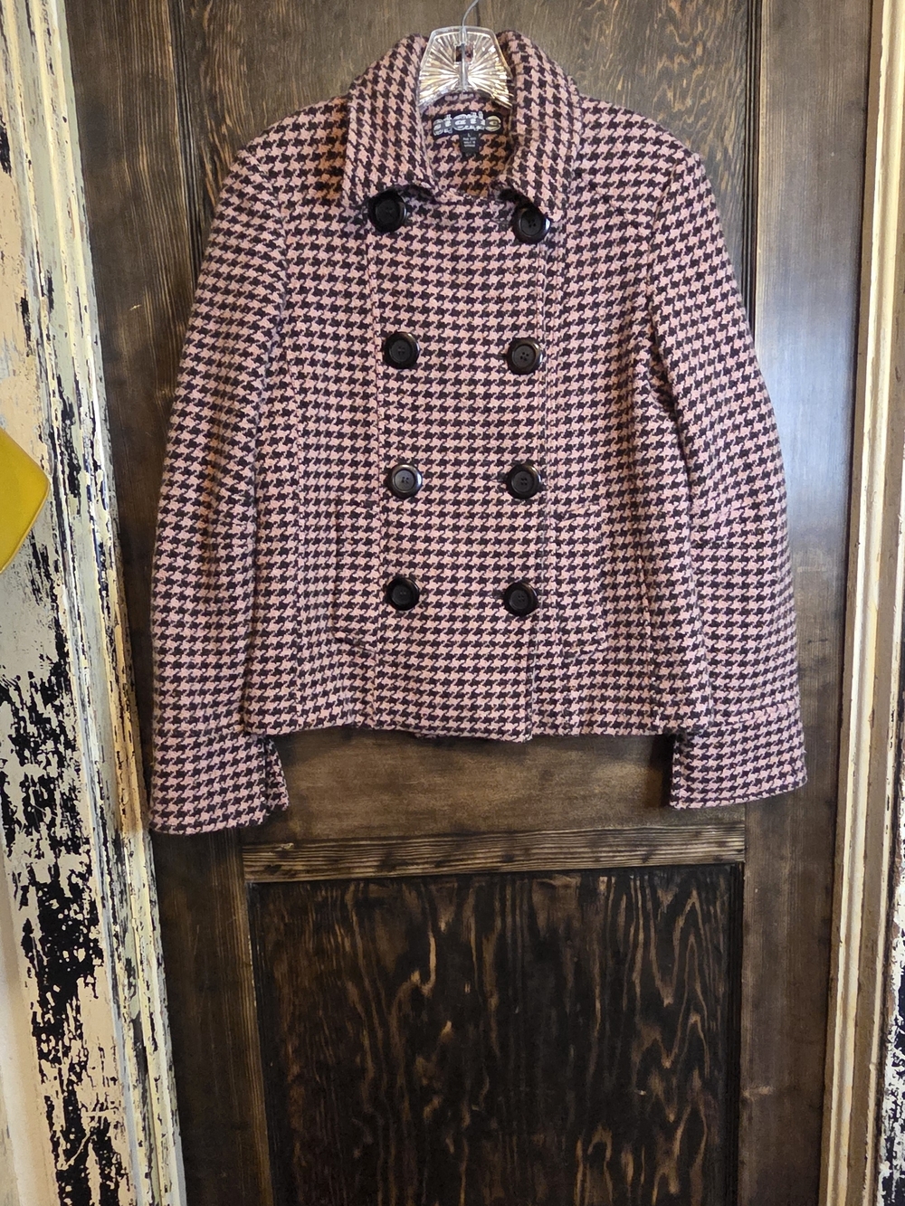 Static EUVC Double-Breasted Houndstooth Wool Blend  Peacoat Jacket - Pink/Black